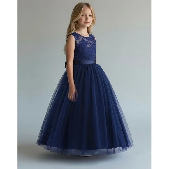 NEW Girls Navy Lace Dress A-Line Long Ball Gown Formal Party Size 8 - Picture 1 of 8
